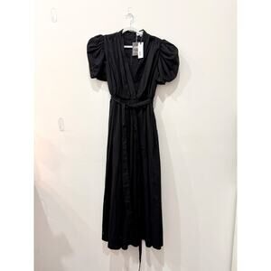 NWT Arias 100% Cotton Gathered Shoulder V-Neck Maxi Dress Black Women's Size 8